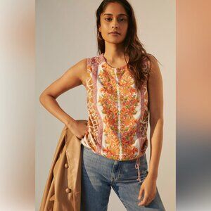 NWT Tiny Embroidered Print Shell Tank XS Anthropologie Floral Orange Pink